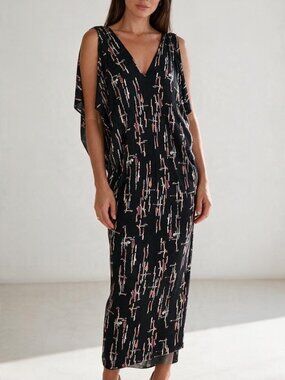 T-BAGS LOS ANGELES PLUNGING KIMONO STYLE BLACK PRINTED MAXI DRESS